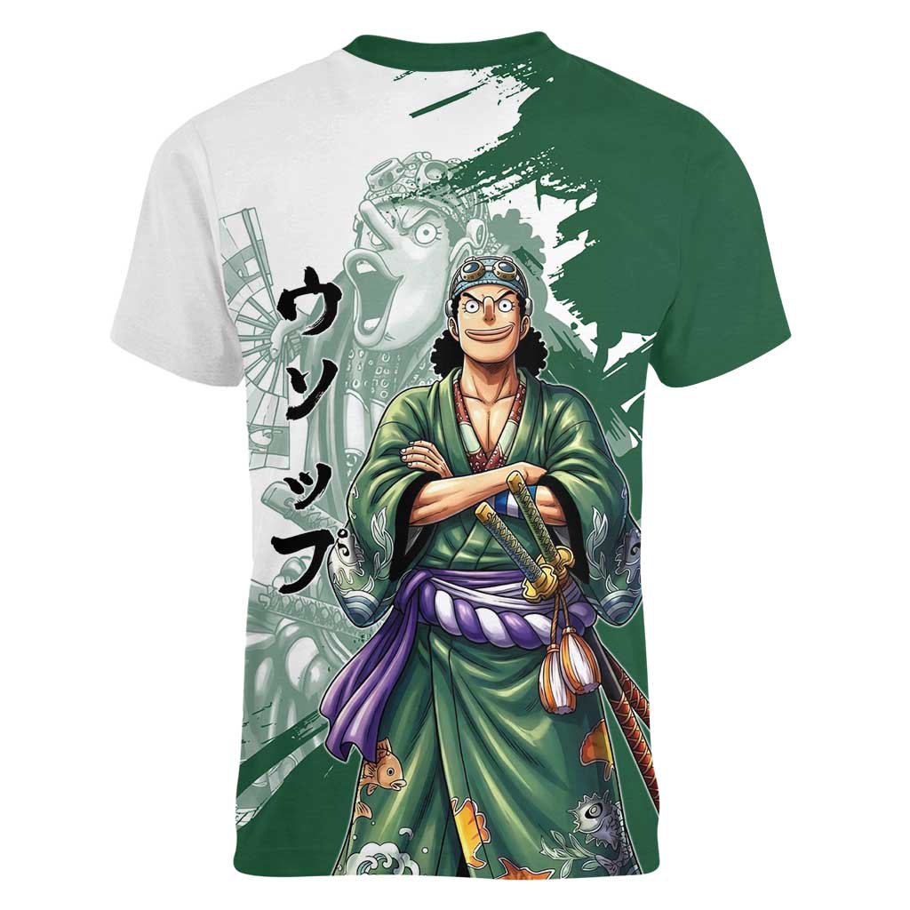 Usopp Wano Samurai Edition Women V-Neck T-Shirt Traditional Japanese Kimono Style