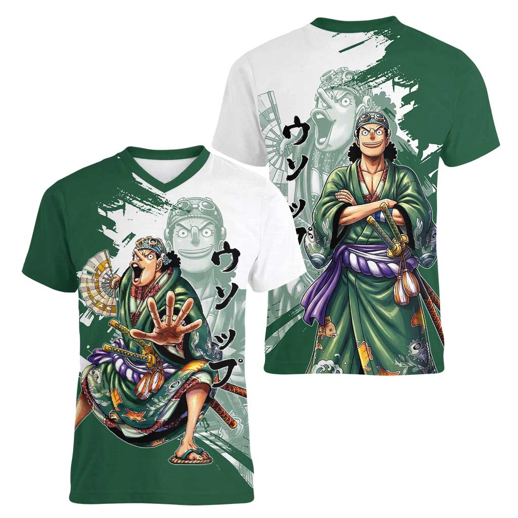 Usopp Wano Samurai Edition Women V-Neck T-Shirt Traditional Japanese Kimono Style