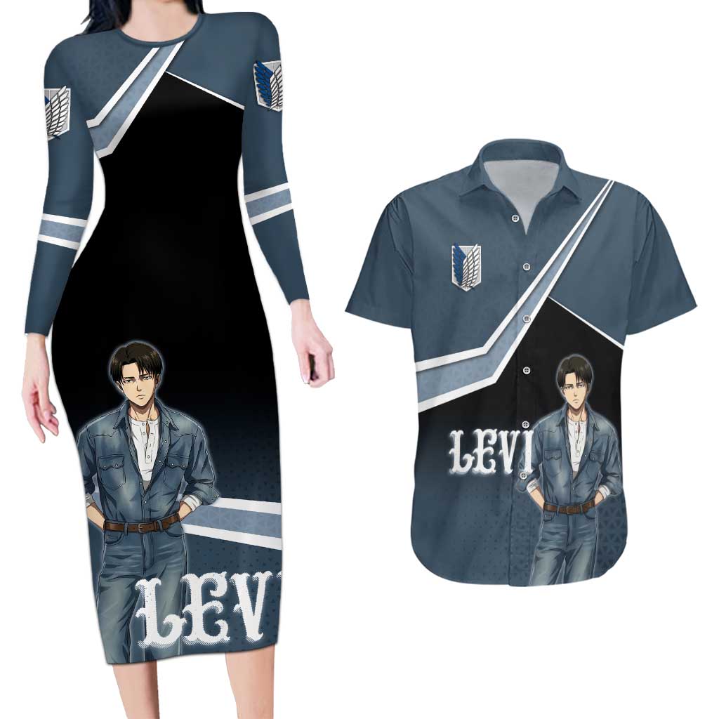 Levi Attack on Titan Couples Matching Long Sleeve Bodycon Dress and Hawaiian Shirt Anime Denim Illustration