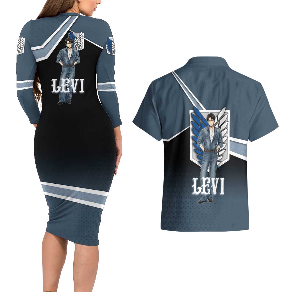 Levi Attack on Titan Couples Matching Long Sleeve Bodycon Dress and Hawaiian Shirt Anime Denim Illustration
