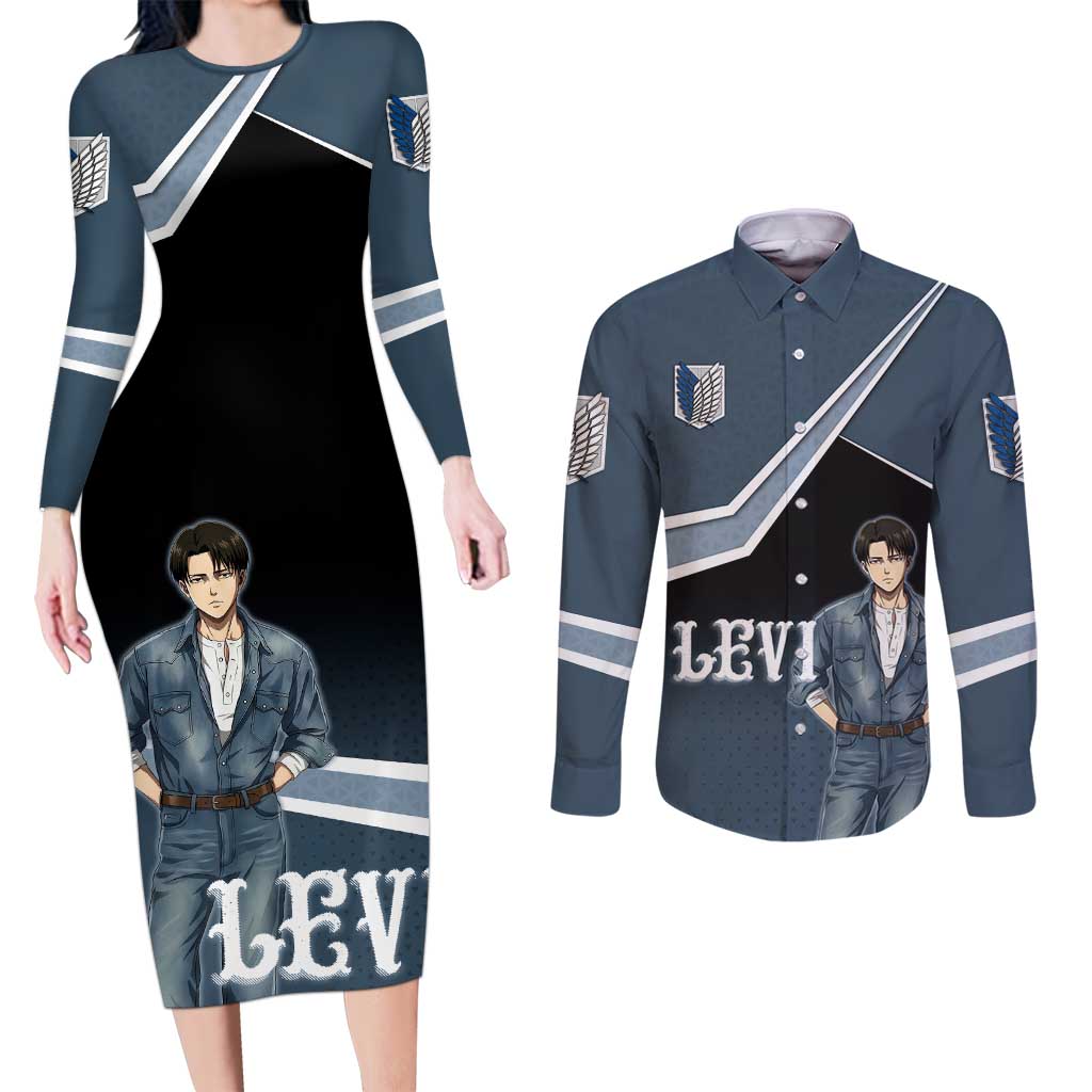 Levi Attack on Titan Couples Matching Long Sleeve Bodycon Dress and Long Sleeve Button Shirt Anime Denim Illustration