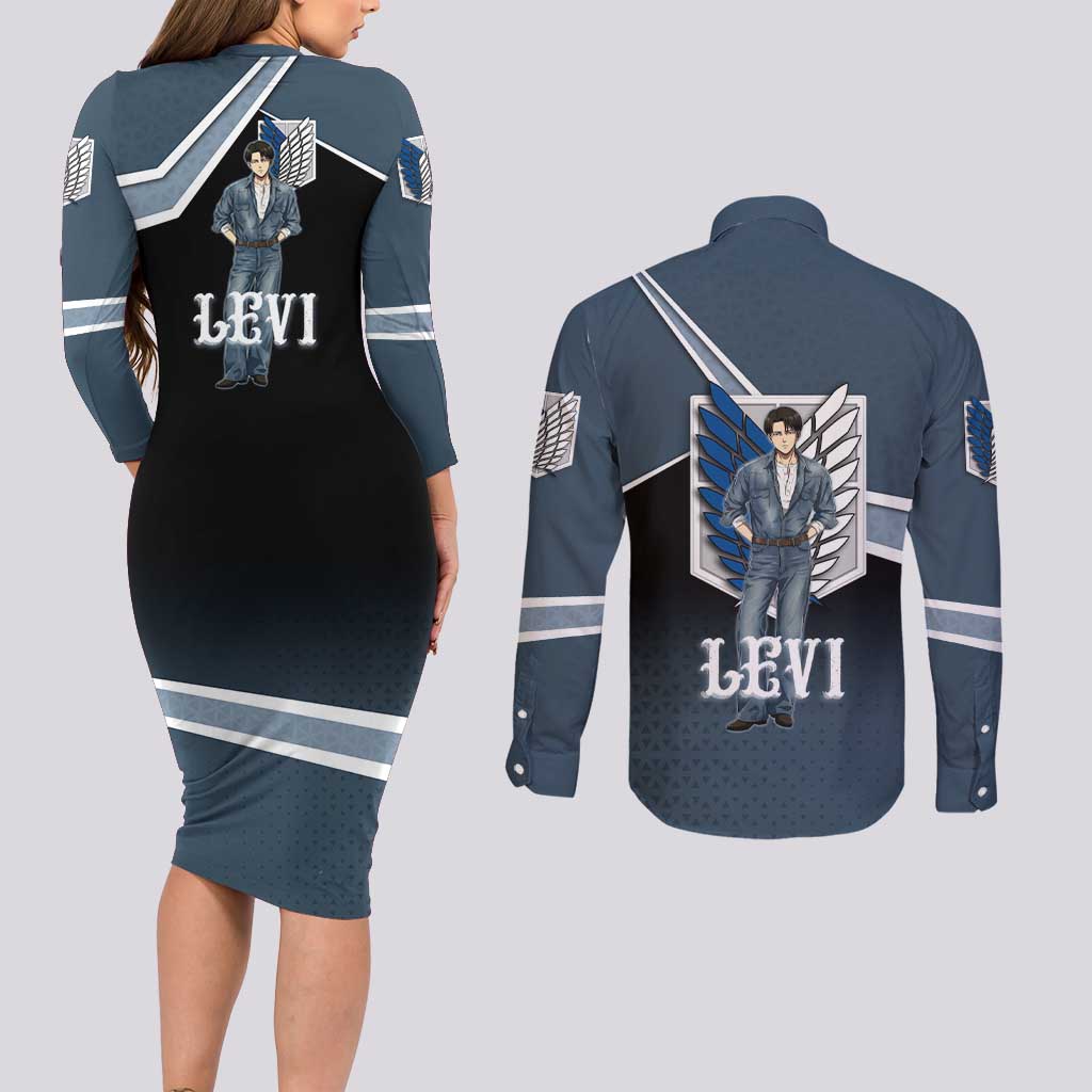Levi Attack on Titan Couples Matching Long Sleeve Bodycon Dress and Long Sleeve Button Shirt Anime Denim Illustration