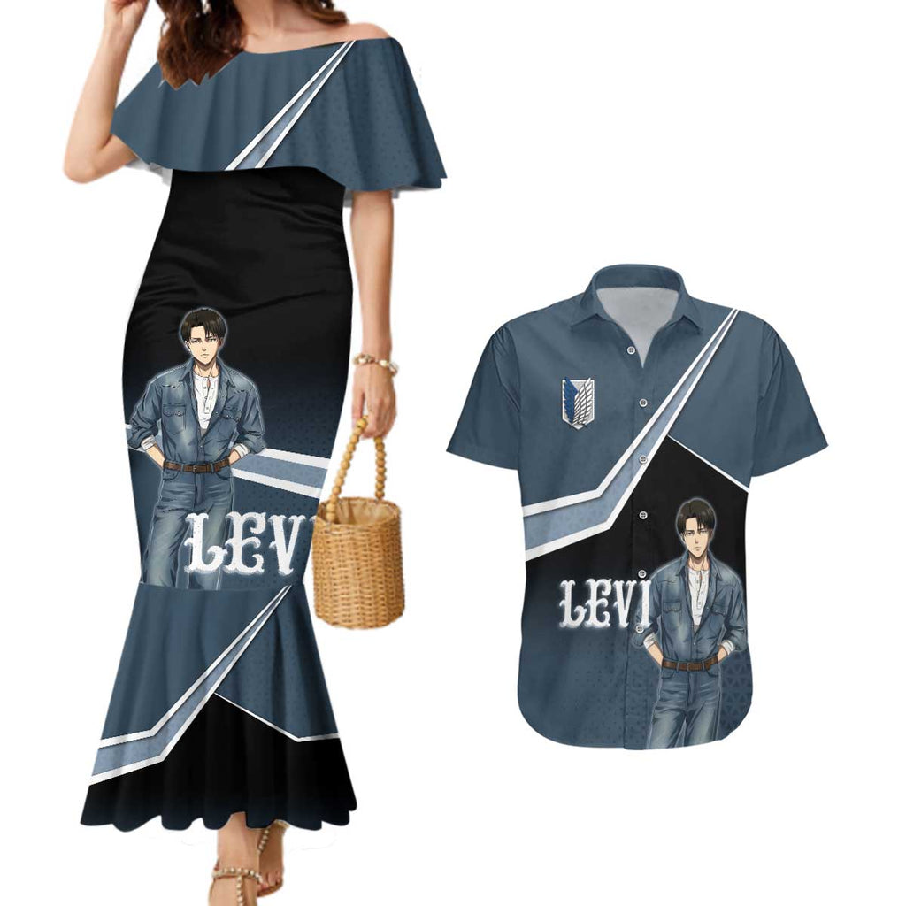 Levi Attack on Titan Couples Matching Mermaid Dress and Hawaiian Shirt Anime Denim Illustration