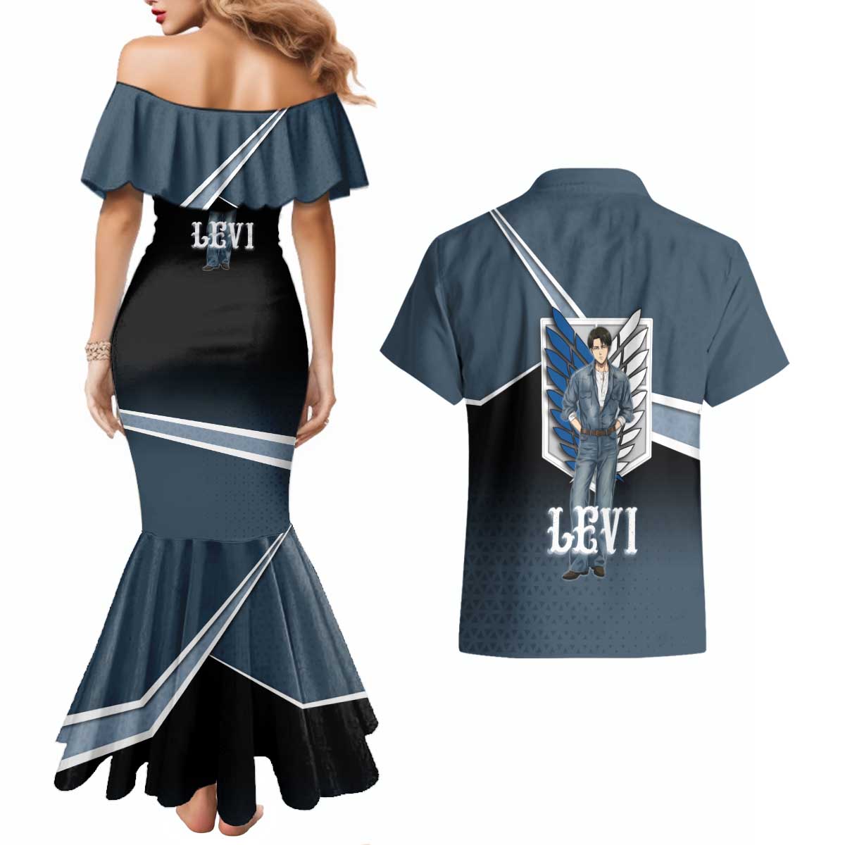 Levi Attack on Titan Couples Matching Mermaid Dress and Hawaiian Shirt Anime Denim Illustration