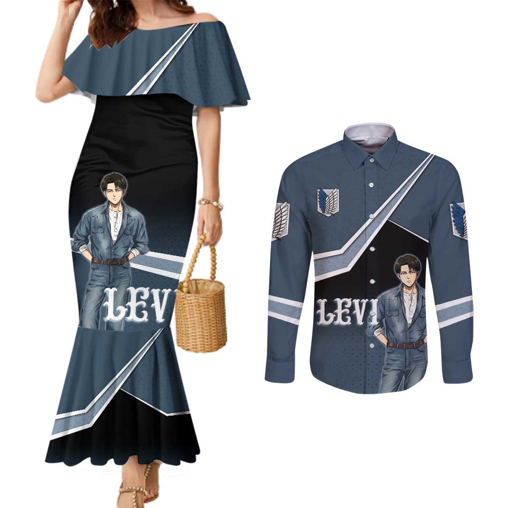 Levi Attack on Titan Couples Matching Mermaid Dress and Long Sleeve Button Shirt Anime Denim Illustration