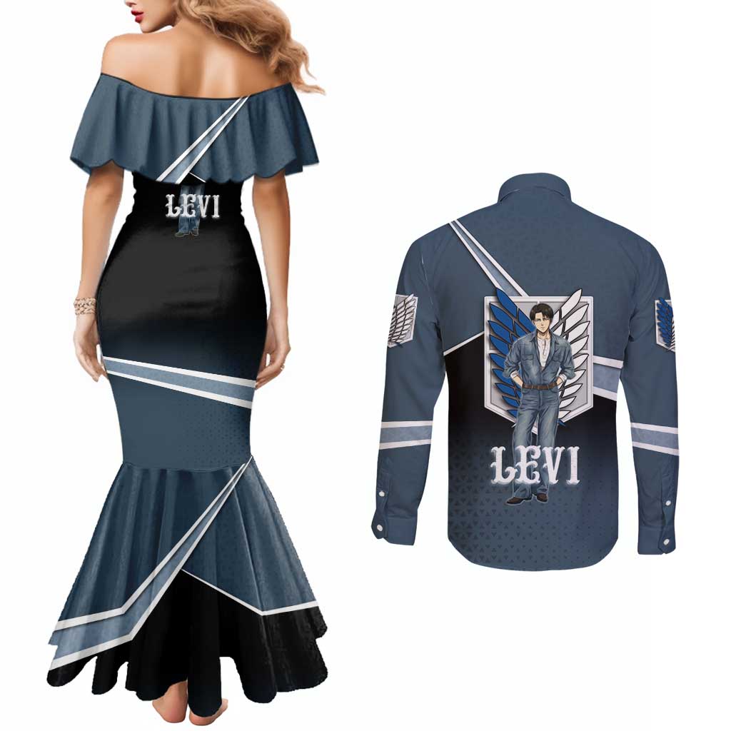 Levi Attack on Titan Couples Matching Mermaid Dress and Long Sleeve Button Shirt Anime Denim Illustration