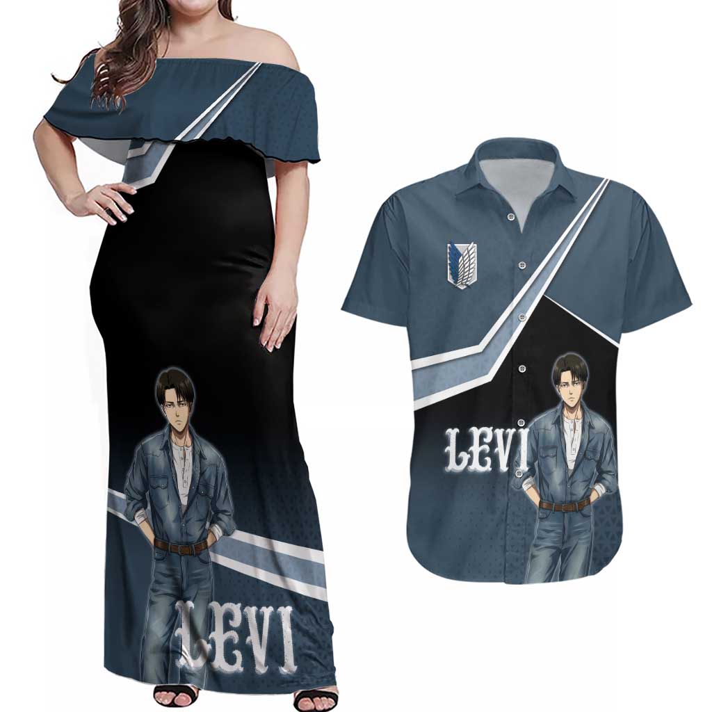 Levi Attack on Titan Couples Matching Off Shoulder Maxi Dress and Hawaiian Shirt Anime Denim Illustration