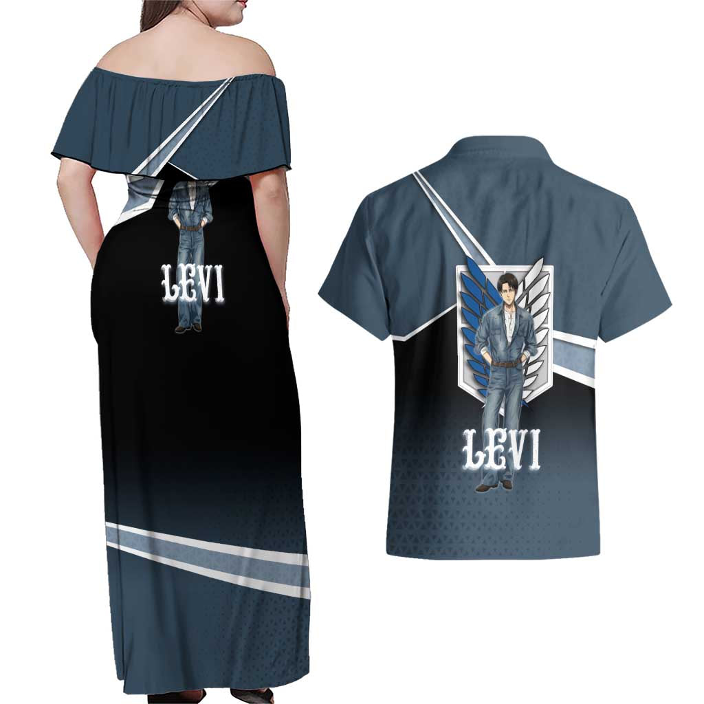 Levi Attack on Titan Couples Matching Off Shoulder Maxi Dress and Hawaiian Shirt Anime Denim Illustration