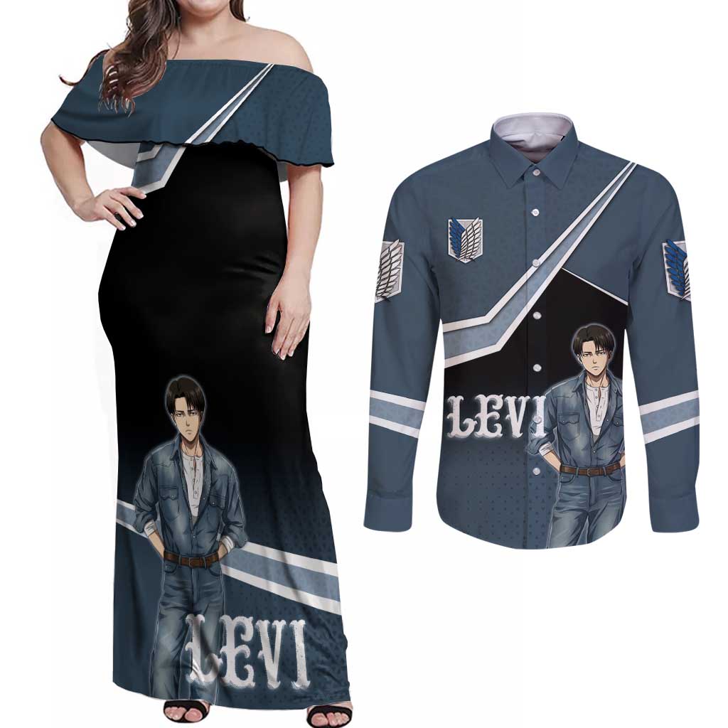 Levi Attack on Titan Couples Matching Off Shoulder Maxi Dress and Long Sleeve Button Shirt Anime Denim Illustration
