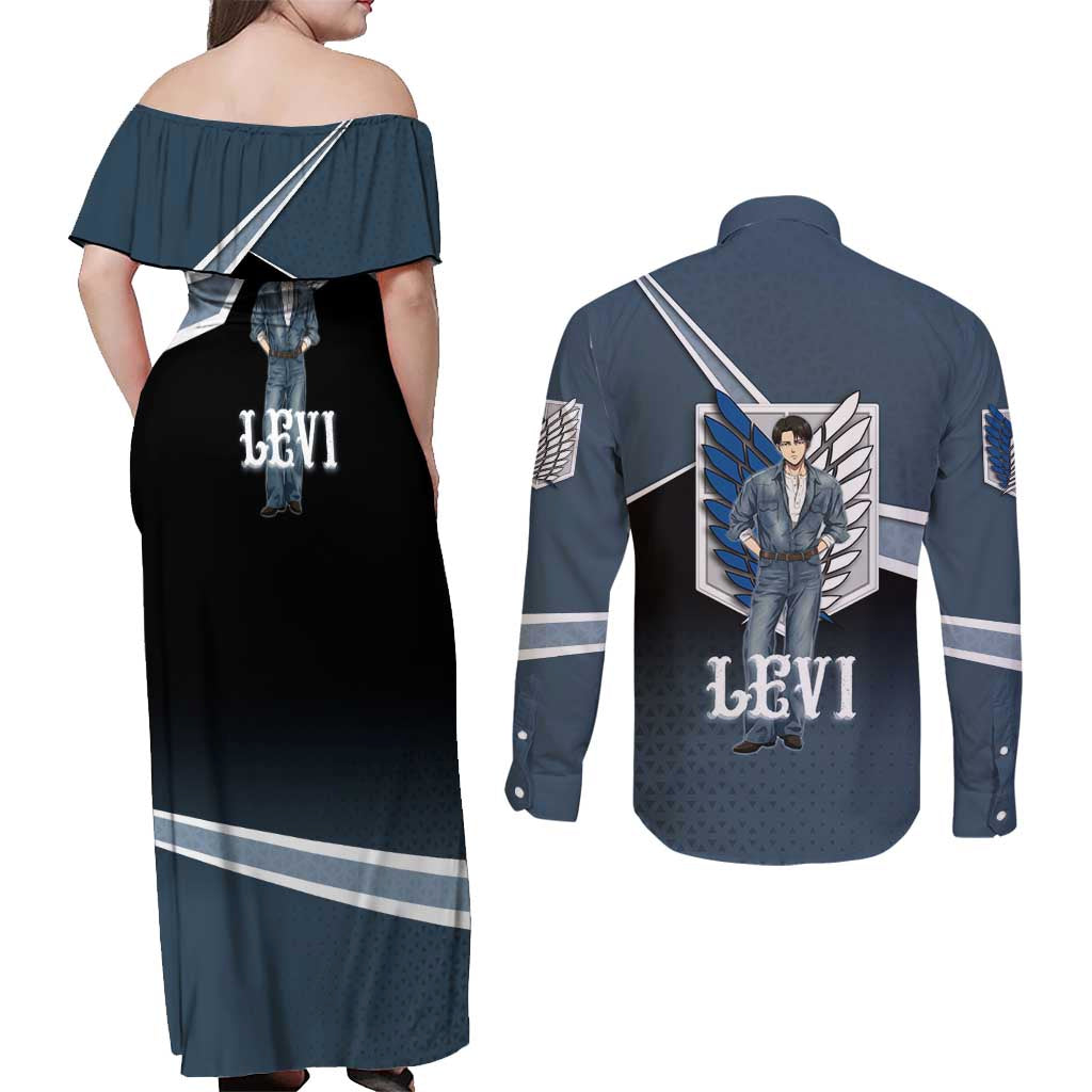 Levi Attack on Titan Couples Matching Off Shoulder Maxi Dress and Long Sleeve Button Shirt Anime Denim Illustration