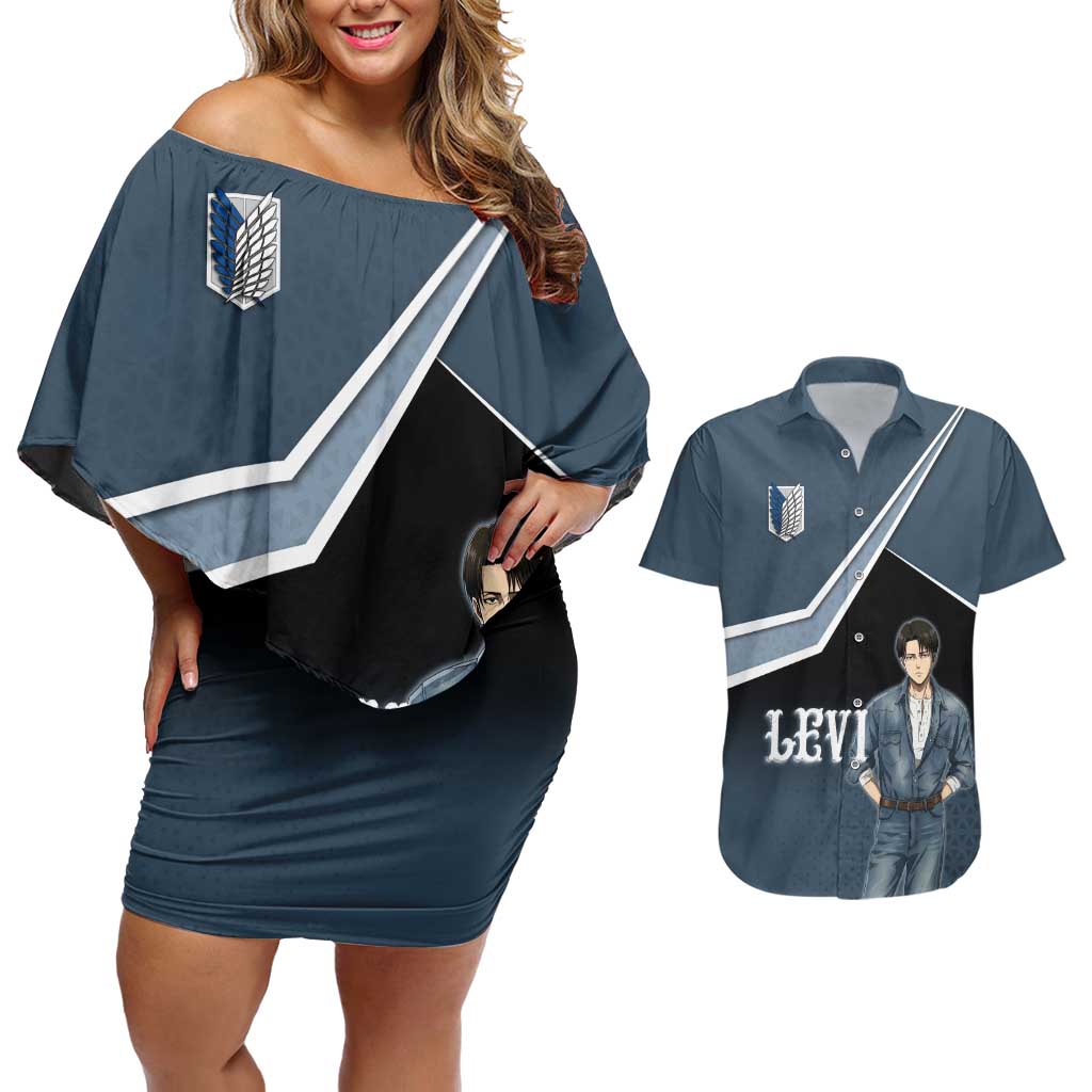 Levi Attack on Titan Couples Matching Off Shoulder Short Dress and Hawaiian Shirt Anime Denim Illustration
