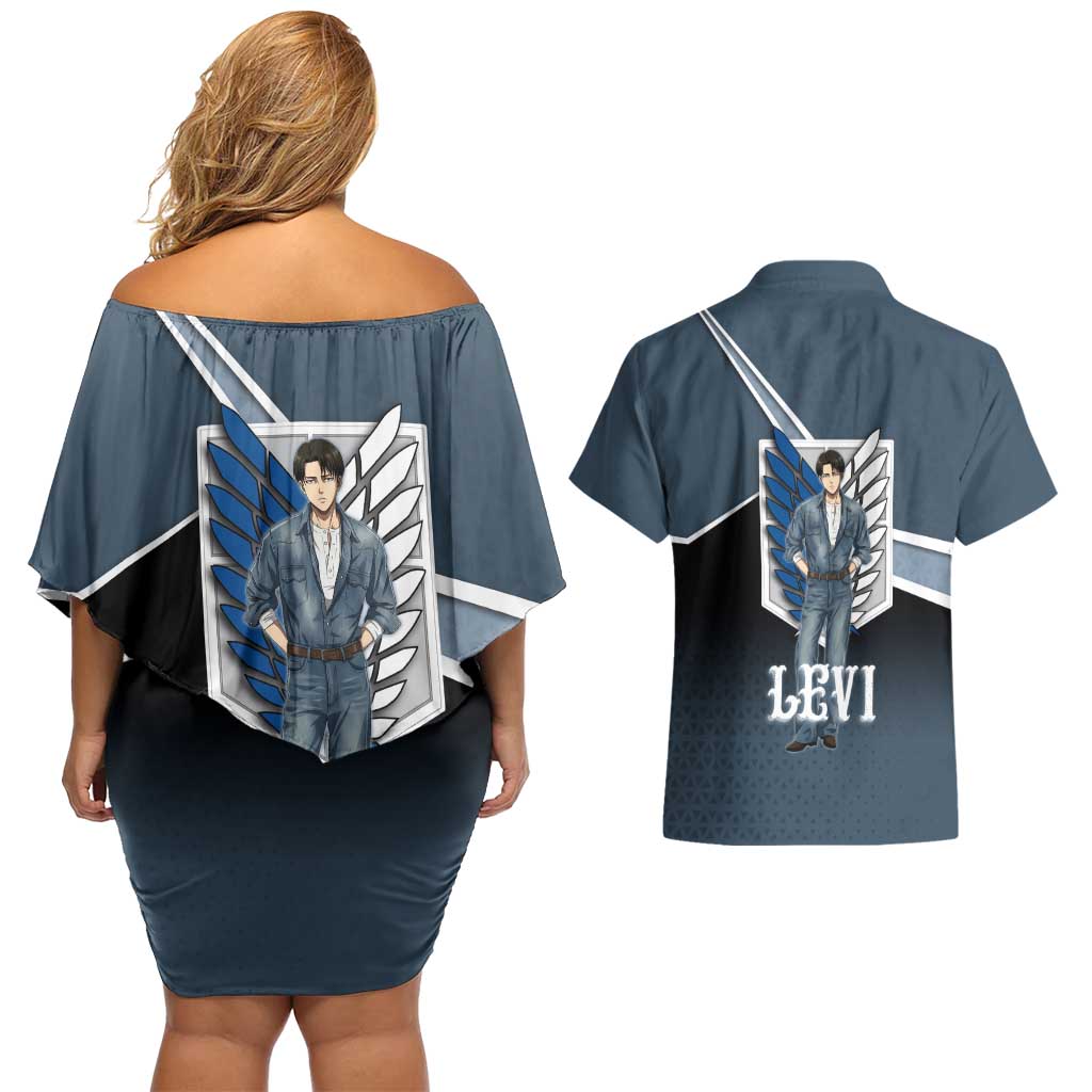 Levi Attack on Titan Couples Matching Off Shoulder Short Dress and Hawaiian Shirt Anime Denim Illustration