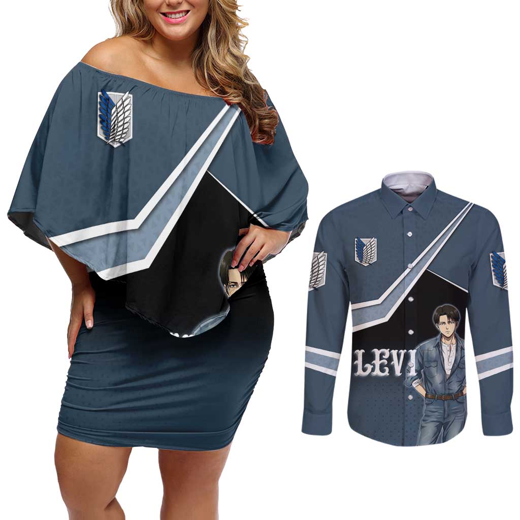 Levi Attack on Titan Couples Matching Off Shoulder Short Dress and Long Sleeve Button Shirt Anime Denim Illustration