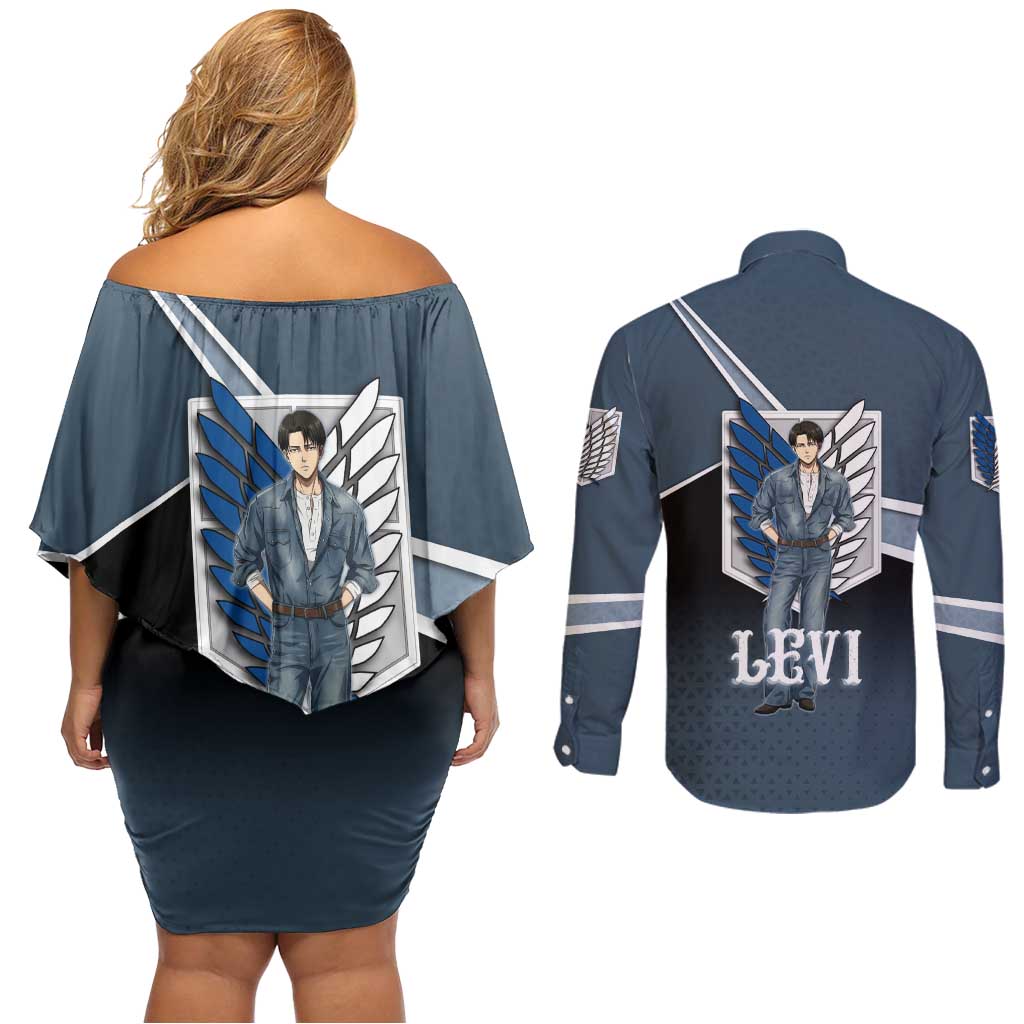 Levi Attack on Titan Couples Matching Off Shoulder Short Dress and Long Sleeve Button Shirt Anime Denim Illustration
