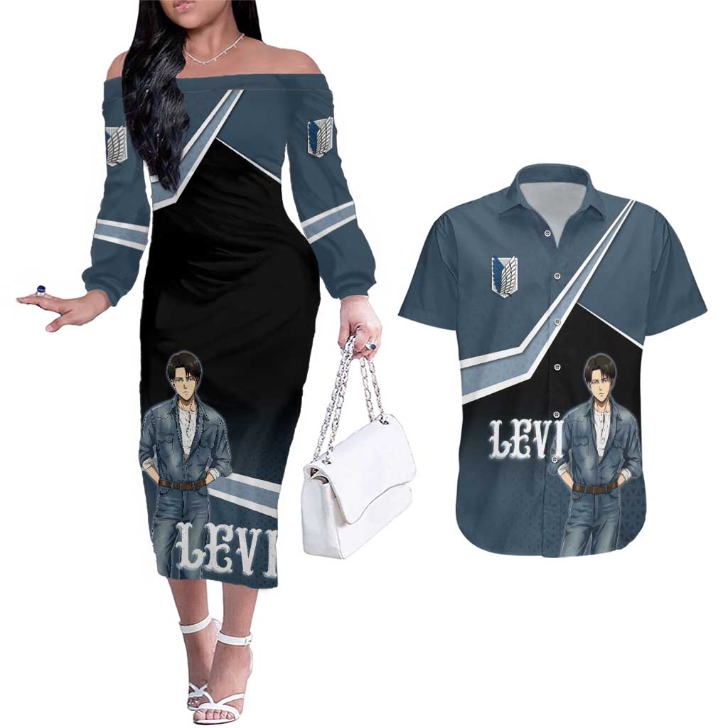 Levi Attack on Titan Couples Matching Off The Shoulder Long Sleeve Dress and Hawaiian Shirt Anime Denim Illustration