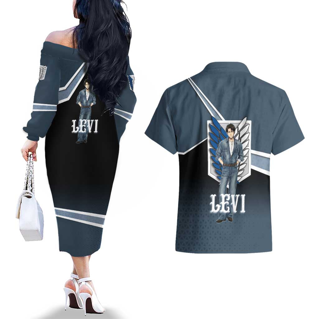 Levi Attack on Titan Couples Matching Off The Shoulder Long Sleeve Dress and Hawaiian Shirt Anime Denim Illustration