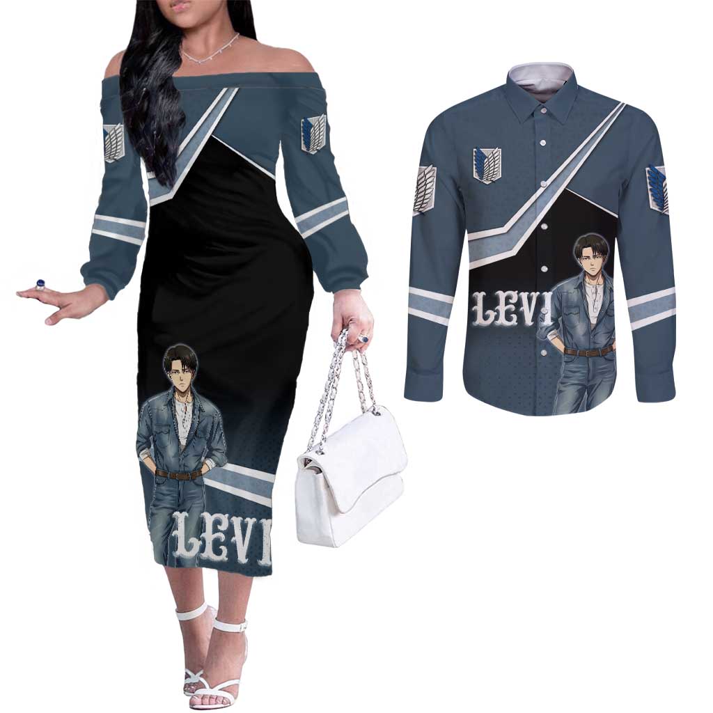 Levi Attack on Titan Couples Matching Off The Shoulder Long Sleeve Dress and Long Sleeve Button Shirt Anime Denim Illustration
