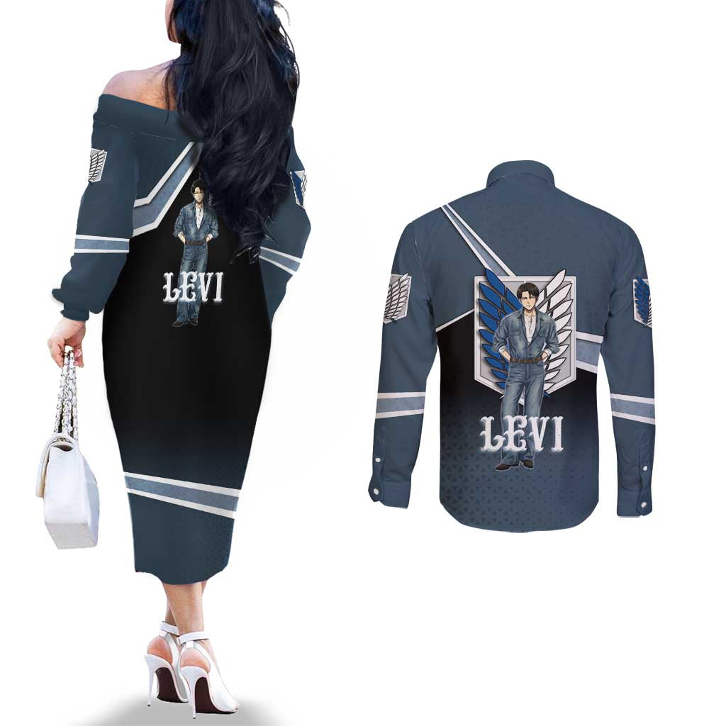 Levi Attack on Titan Couples Matching Off The Shoulder Long Sleeve Dress and Long Sleeve Button Shirt Anime Denim Illustration