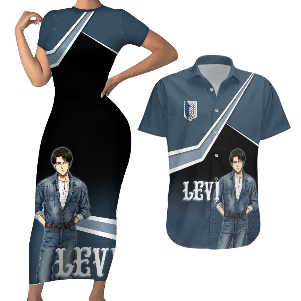 Levi Attack on Titan Couples Matching Short Sleeve Bodycon Dress and Hawaiian Shirt Anime Denim Illustration