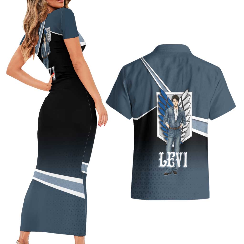 Levi Attack on Titan Couples Matching Short Sleeve Bodycon Dress and Hawaiian Shirt Anime Denim Illustration