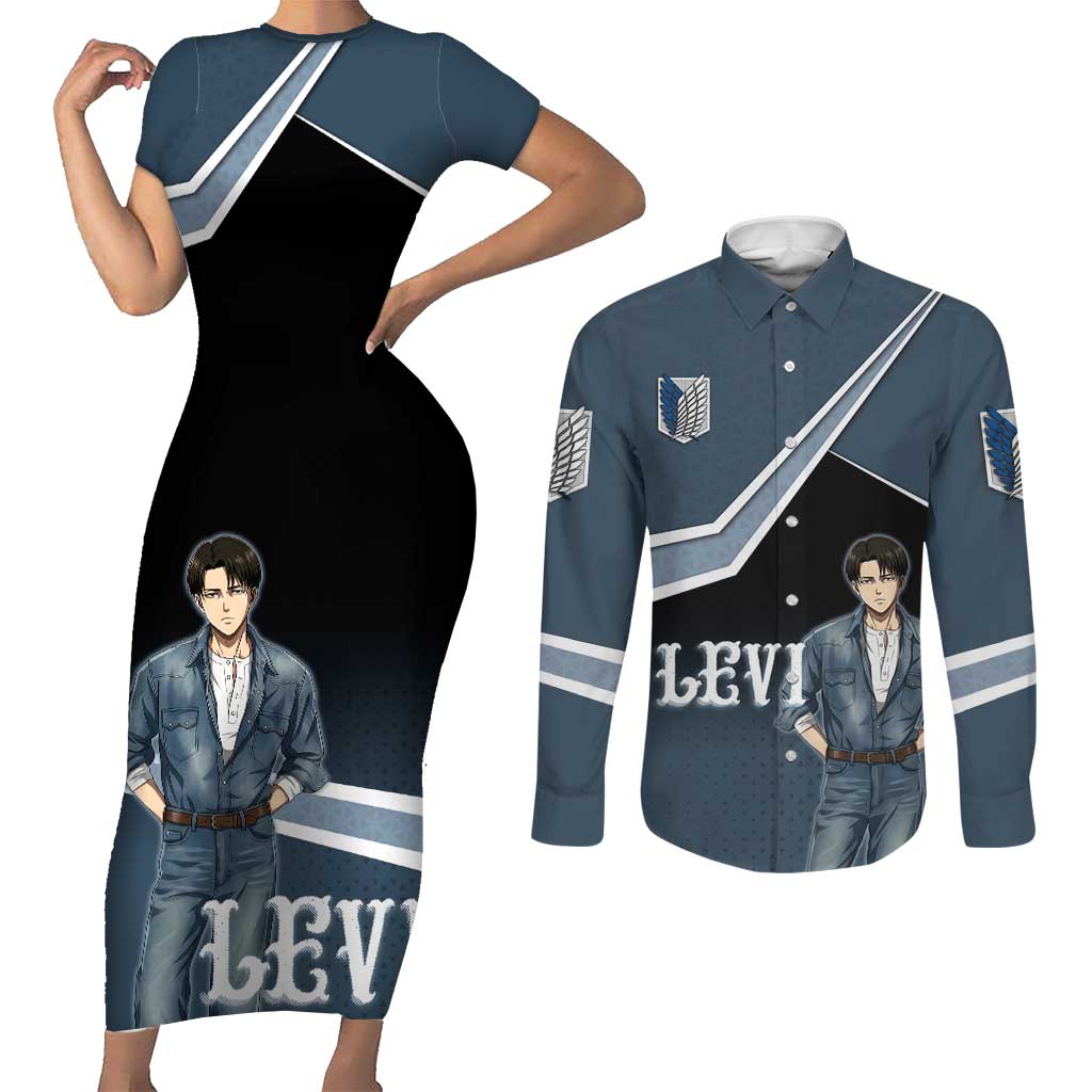 Levi Attack on Titan Couples Matching Short Sleeve Bodycon Dress and Long Sleeve Button Shirt Anime Denim Illustration
