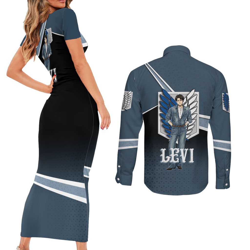 Levi Attack on Titan Couples Matching Short Sleeve Bodycon Dress and Long Sleeve Button Shirt Anime Denim Illustration