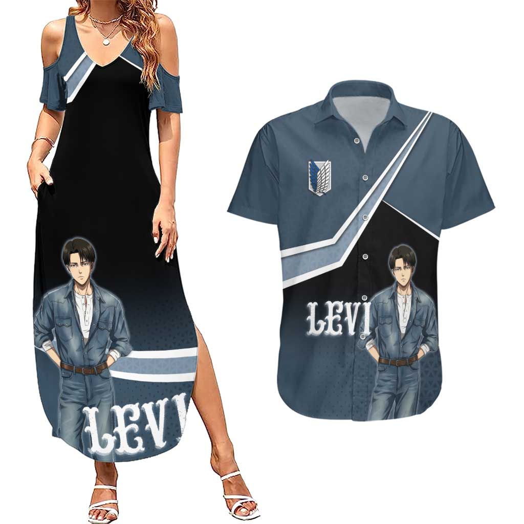 Levi Attack on Titan Couples Matching Summer Maxi Dress and Hawaiian Shirt Anime Denim Illustration