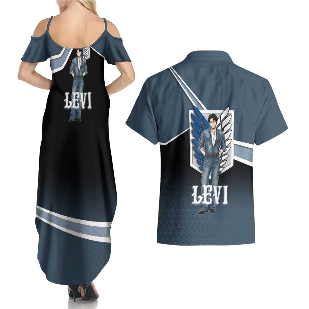 Levi Attack on Titan Couples Matching Summer Maxi Dress and Hawaiian Shirt Anime Denim Illustration