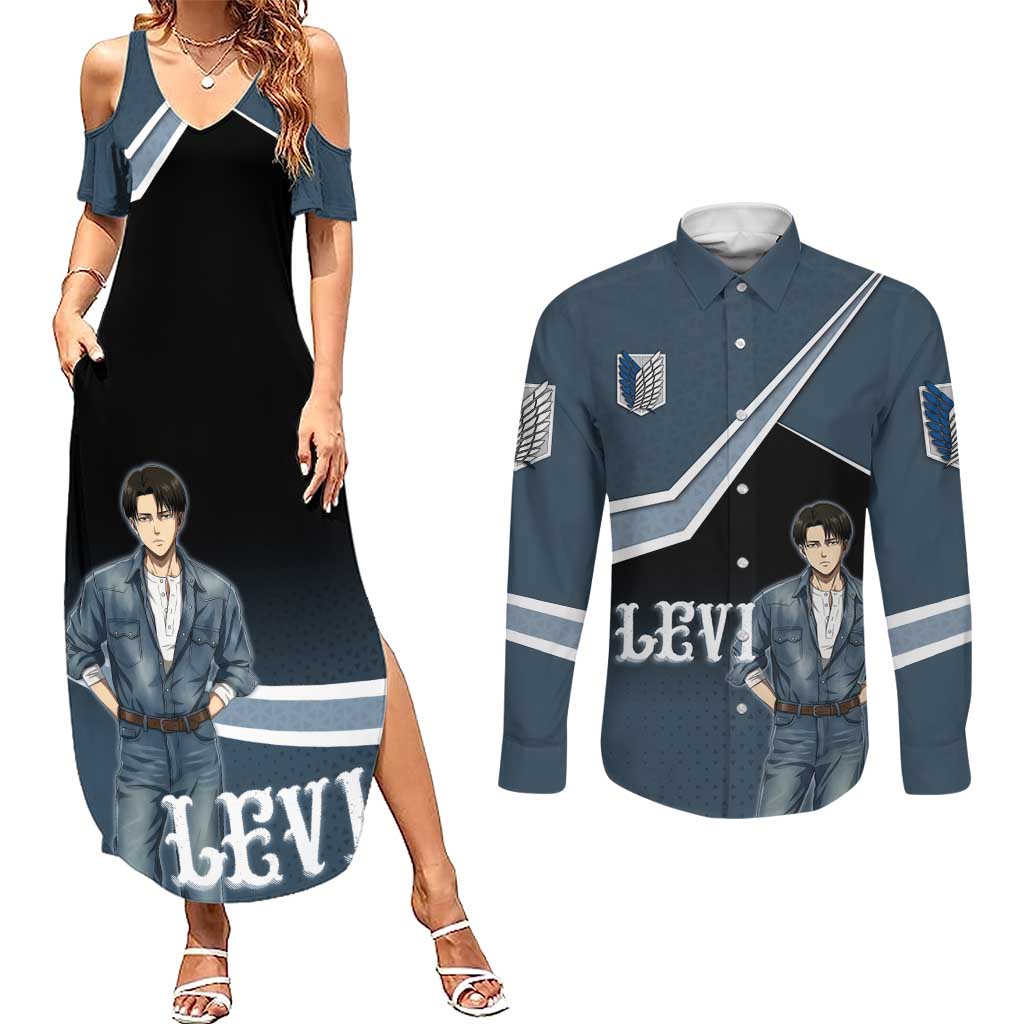 Levi Attack on Titan Couples Matching Summer Maxi Dress and Long Sleeve Button Shirt Anime Denim Illustration