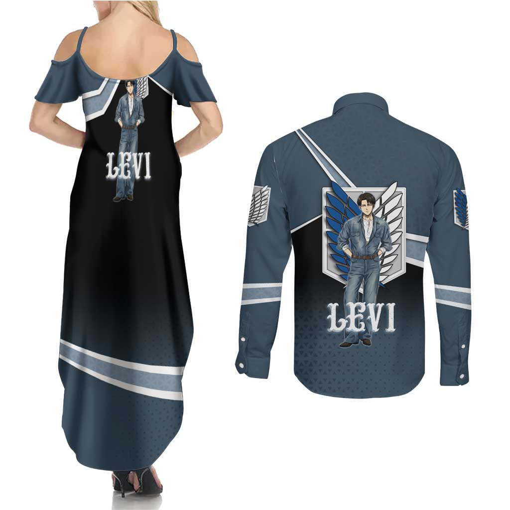 Levi Attack on Titan Couples Matching Summer Maxi Dress and Long Sleeve Button Shirt Anime Denim Illustration