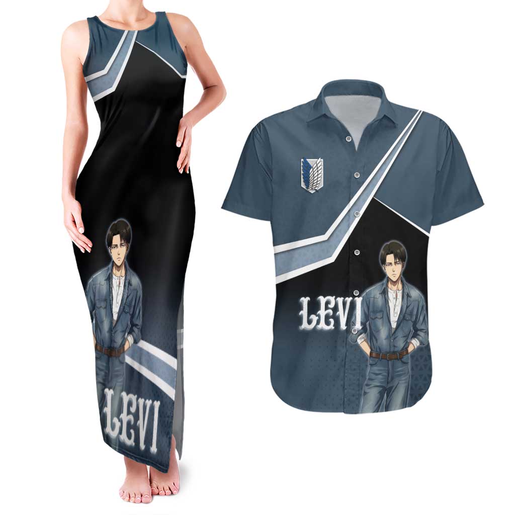 Levi Attack on Titan Couples Matching Tank Maxi Dress and Hawaiian Shirt Anime Denim Illustration
