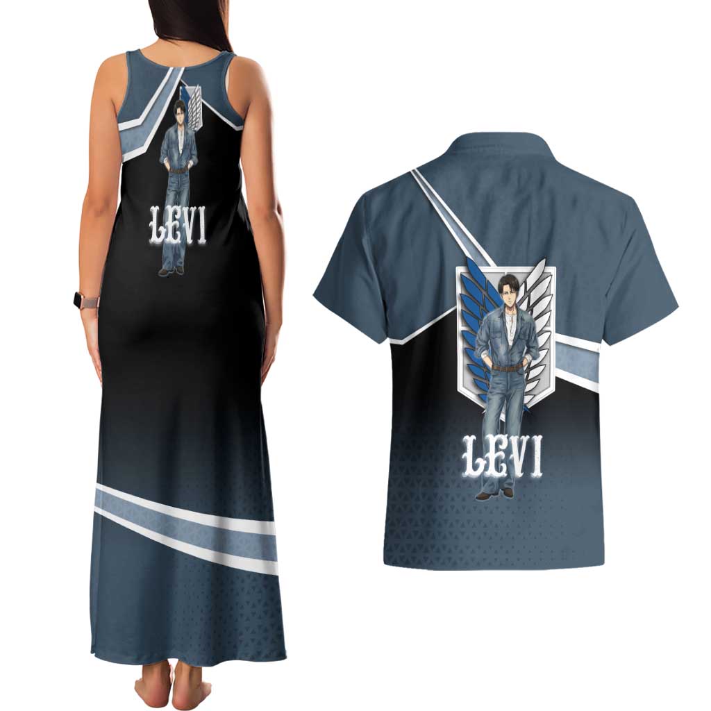 Levi Attack on Titan Couples Matching Tank Maxi Dress and Hawaiian Shirt Anime Denim Illustration