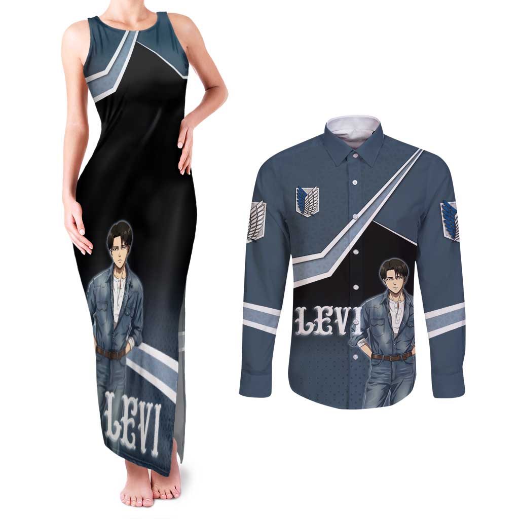 Levi Attack on Titan Couples Matching Tank Maxi Dress and Long Sleeve Button Shirt Anime Denim Illustration