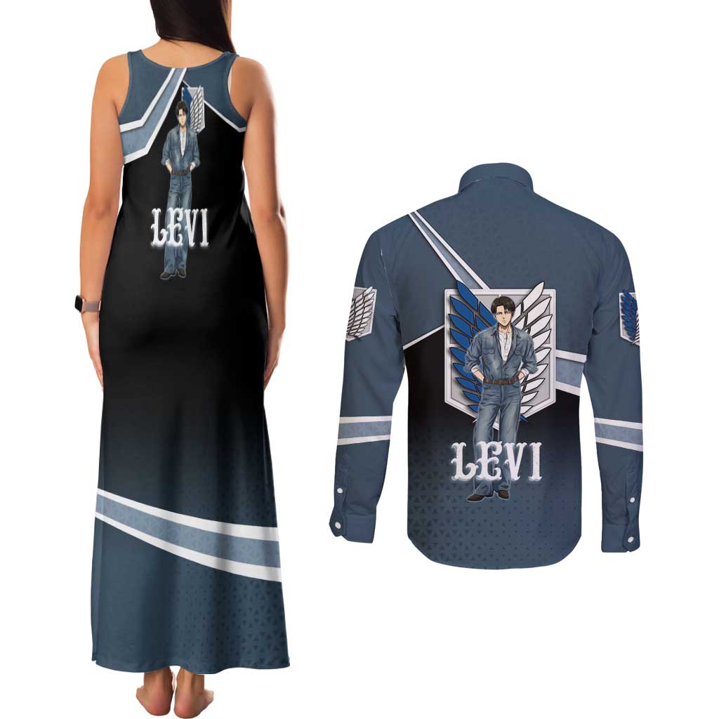 Levi Attack on Titan Couples Matching Tank Maxi Dress and Long Sleeve Button Shirt Anime Denim Illustration