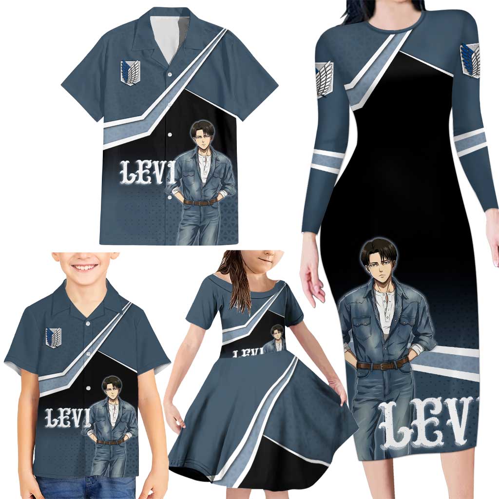 Levi Attack on Titan Family Matching Long Sleeve Bodycon Dress and Hawaiian Shirt Anime Denim Illustration
