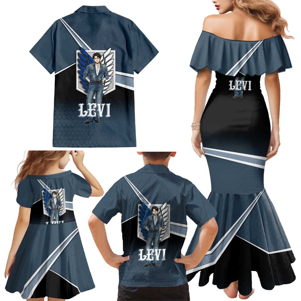 Levi Attack on Titan Family Matching Mermaid Dress and Hawaiian Shirt Anime Denim Illustration
