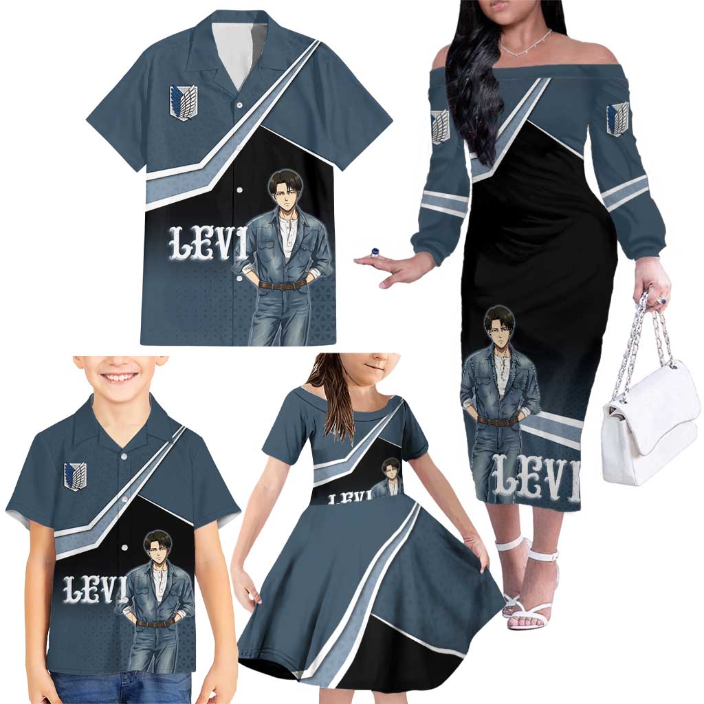 Levi Attack on Titan Family Matching Off The Shoulder Long Sleeve Dress and Hawaiian Shirt Anime Denim Illustration
