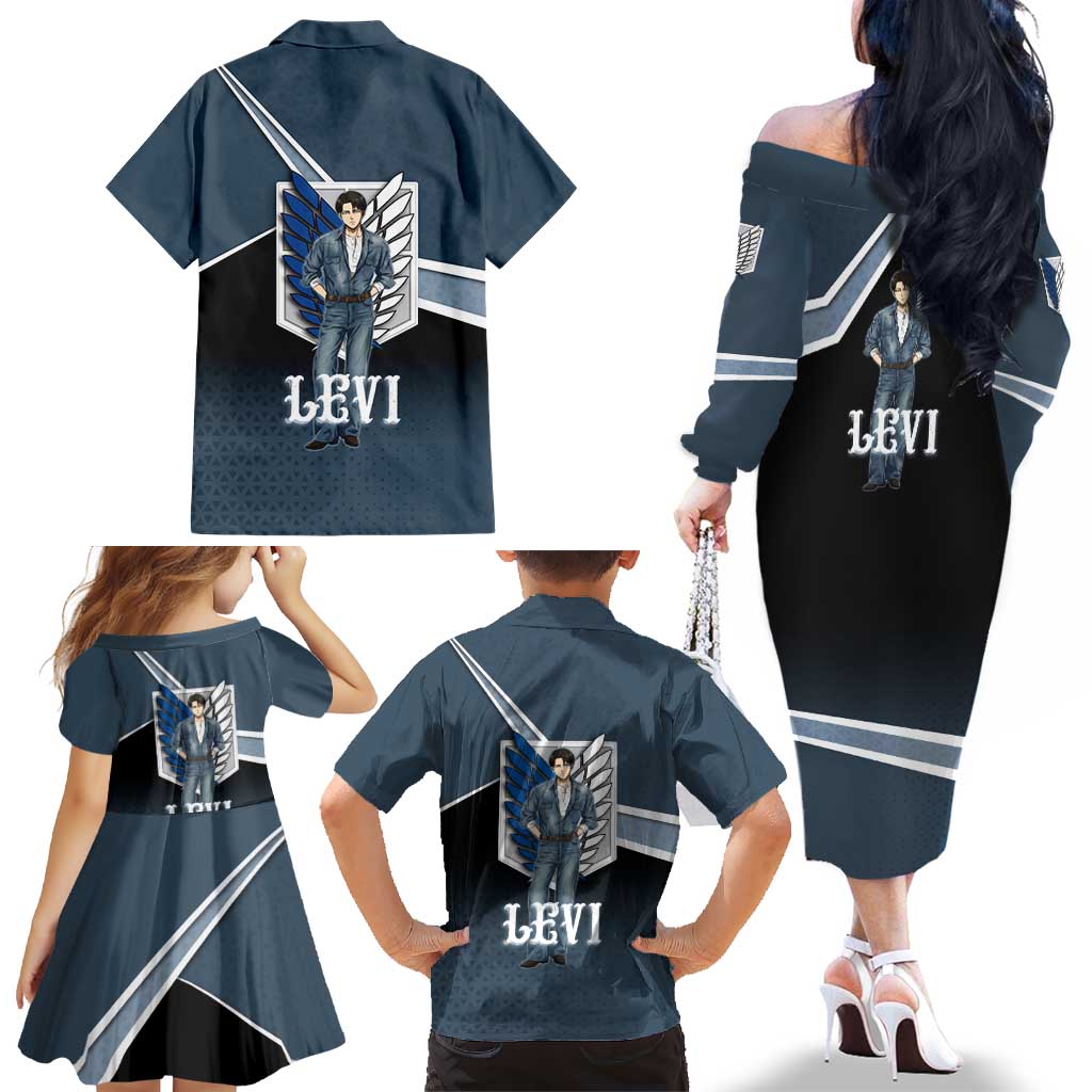 Levi Attack on Titan Family Matching Off The Shoulder Long Sleeve Dress and Hawaiian Shirt Anime Denim Illustration
