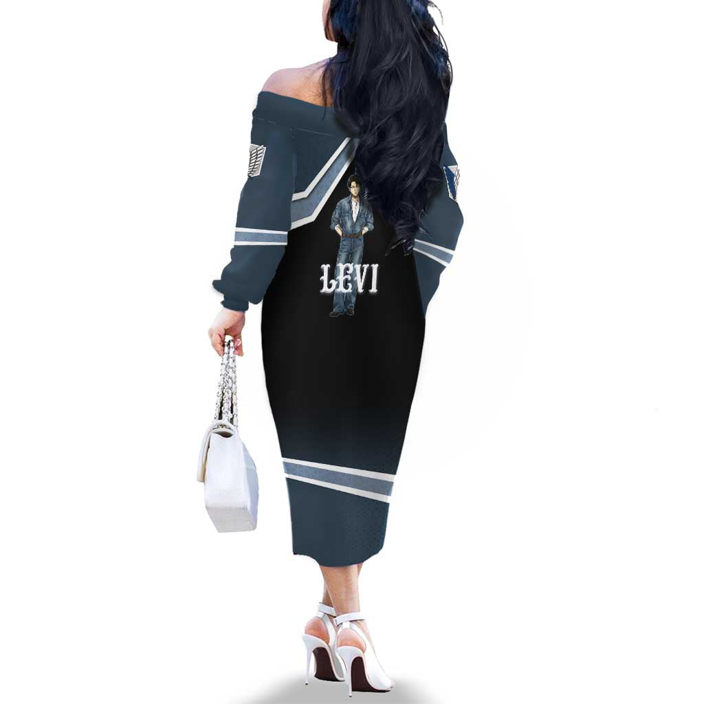 Levi Attack on Titan Family Matching Off The Shoulder Long Sleeve Dress and Hawaiian Shirt Anime Denim Illustration