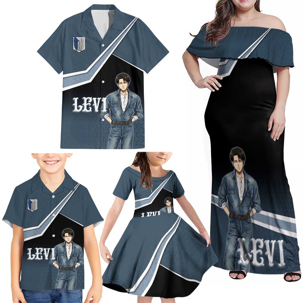 Levi Attack on Titan Family Matching Off Shoulder Maxi Dress and Hawaiian Shirt Anime Denim Illustration