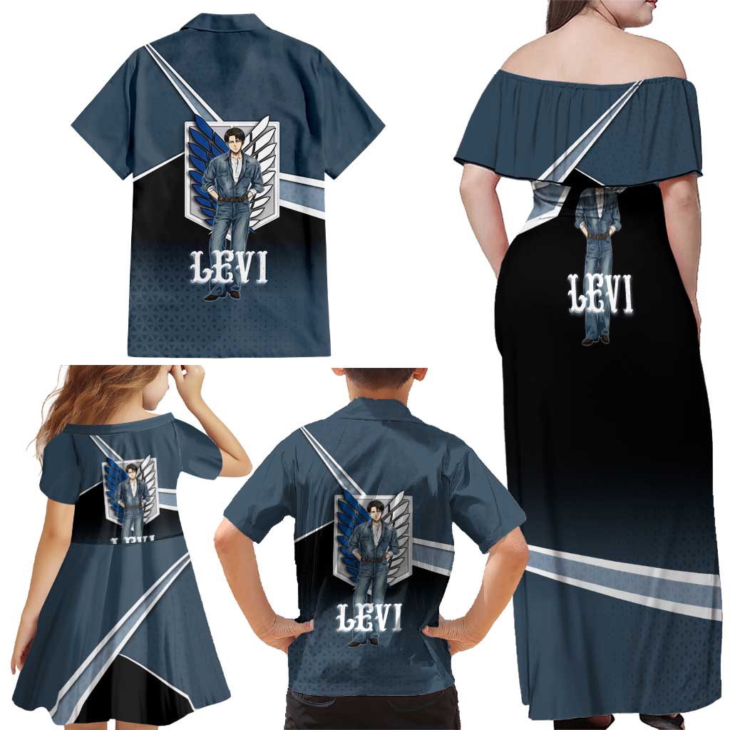 Levi Attack on Titan Family Matching Off Shoulder Maxi Dress and Hawaiian Shirt Anime Denim Illustration