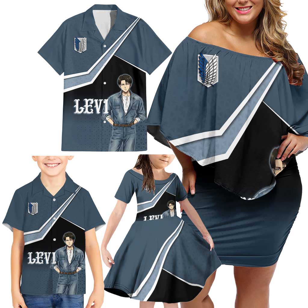 Levi Attack on Titan Family Matching Off Shoulder Short Dress and Hawaiian Shirt Anime Denim Illustration