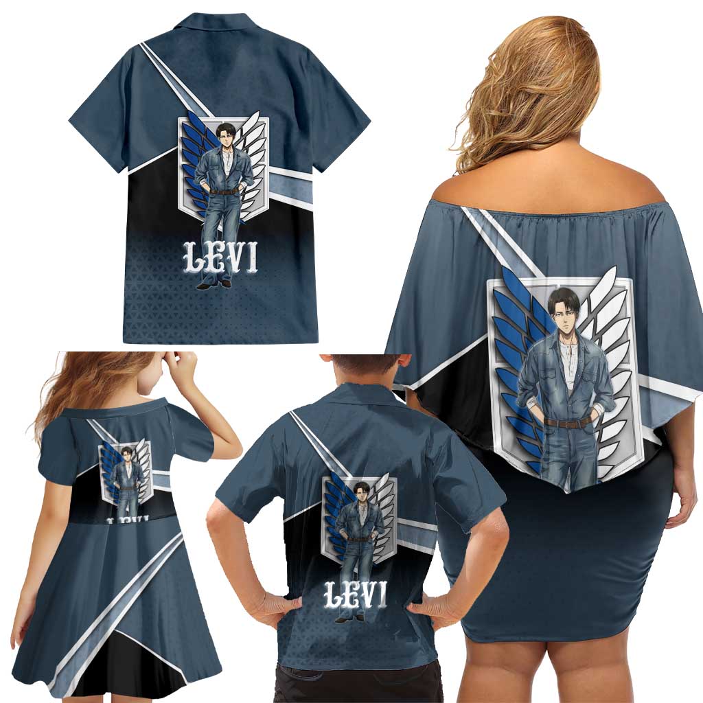 Levi Attack on Titan Family Matching Off Shoulder Short Dress and Hawaiian Shirt Anime Denim Illustration