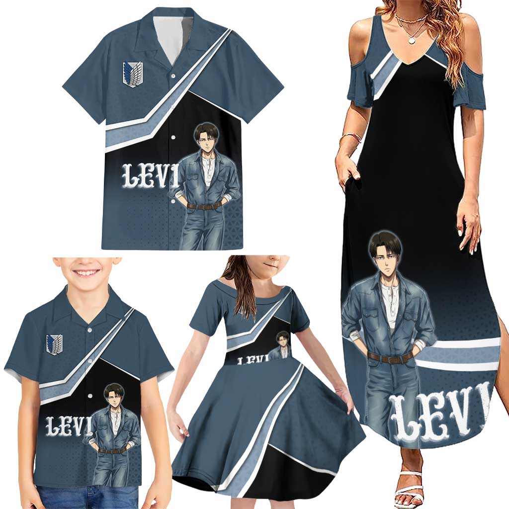 Levi Attack on Titan Family Matching Summer Maxi Dress and Hawaiian Shirt Anime Denim Illustration