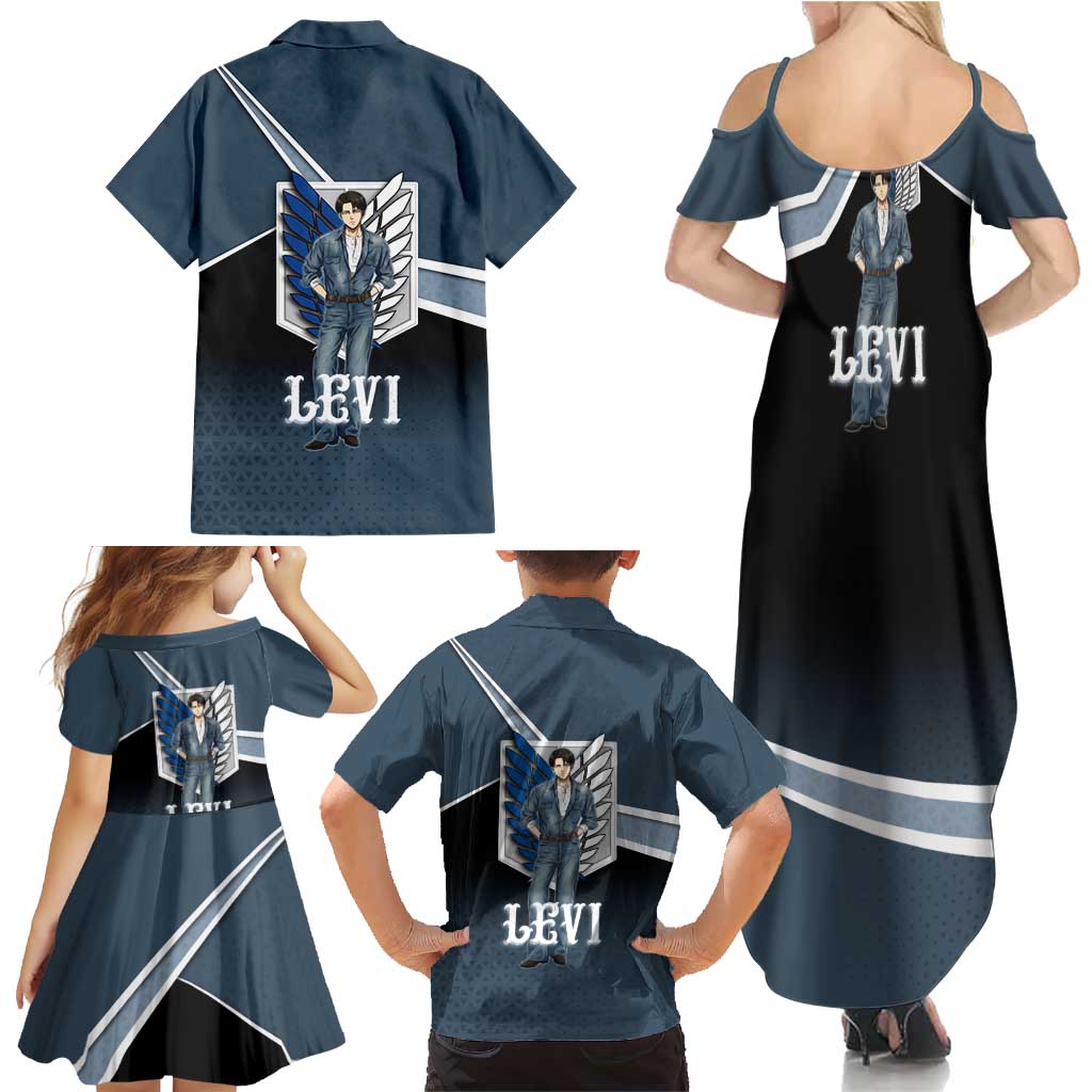 Levi Attack on Titan Family Matching Summer Maxi Dress and Hawaiian Shirt Anime Denim Illustration