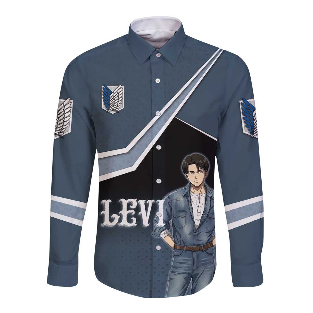 Levi Attack on Titan Long Sleeve Button Shirt Anime Denim Illustration