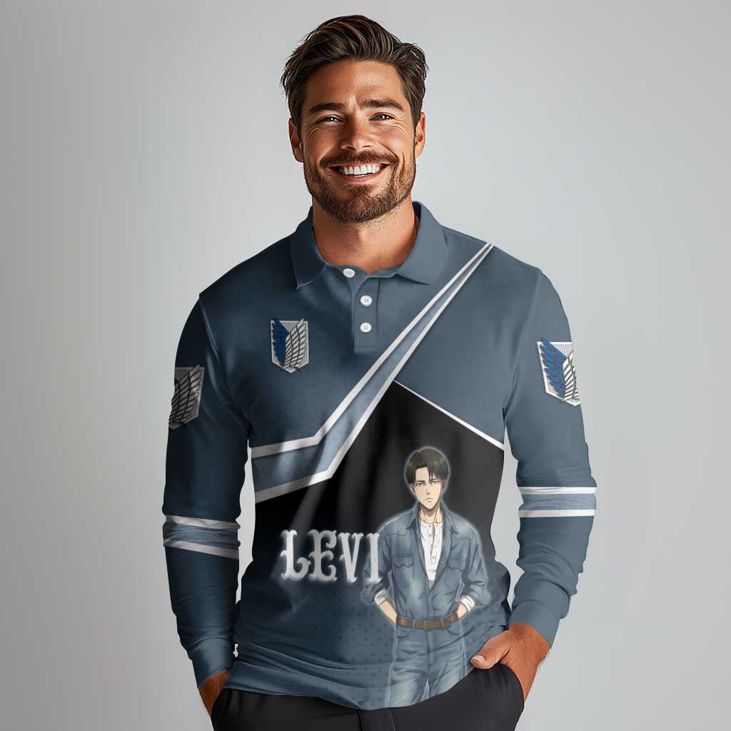 Levi Attack on Titan Long Sleeve Polo Shirt Anime Denim Illustration
