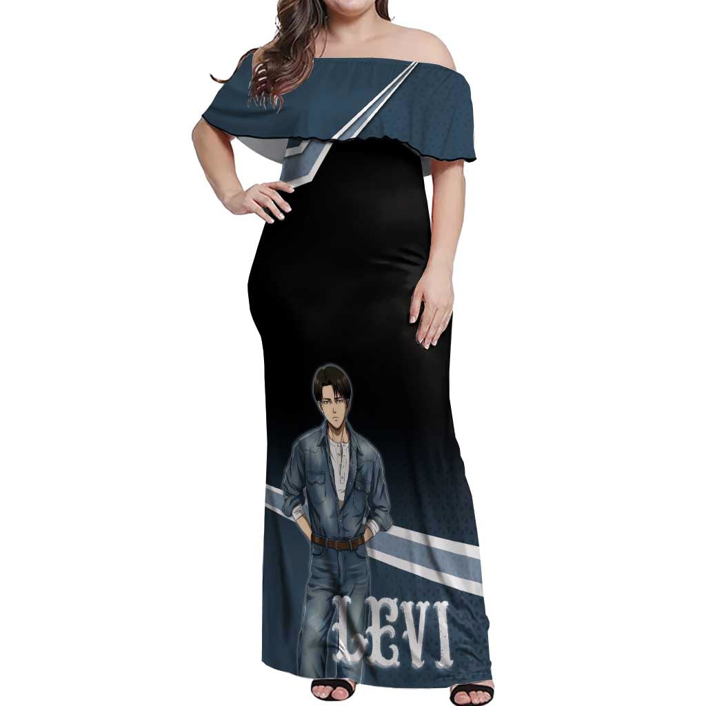Levi Attack on Titan Off Shoulder Maxi Dress Anime Denim Illustration