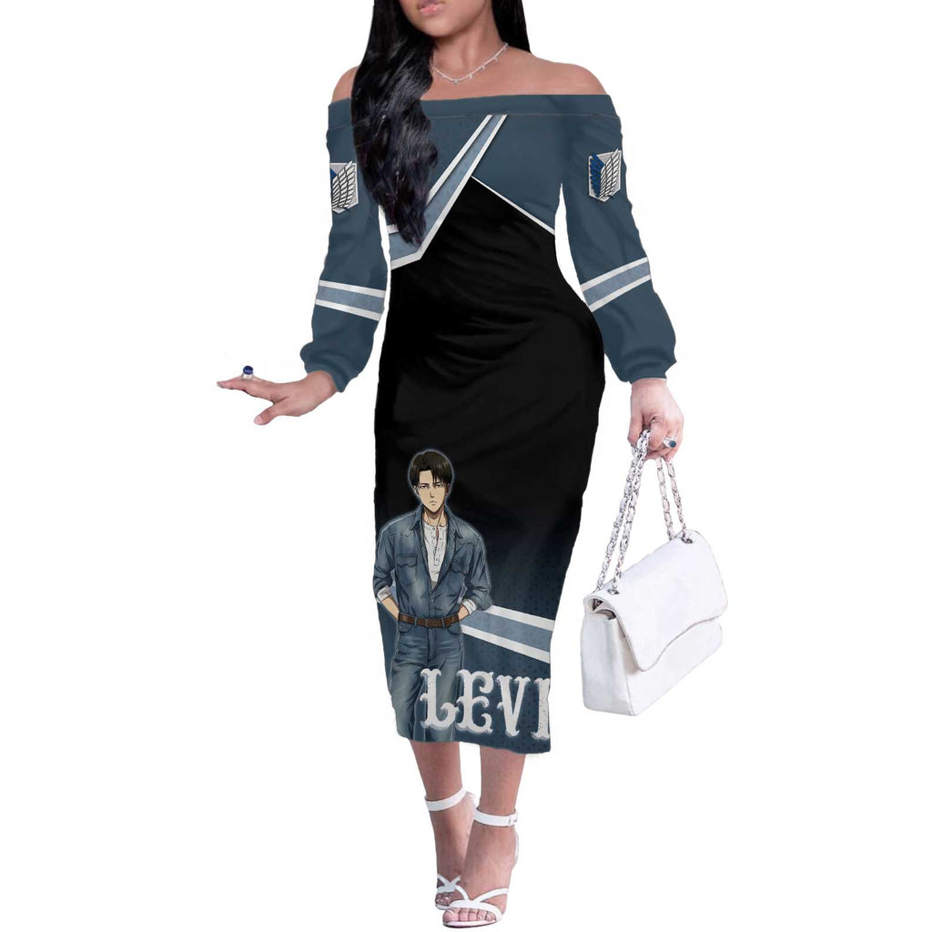 Levi Attack on Titan Off The Shoulder Long Sleeve Dress Anime Denim Illustration