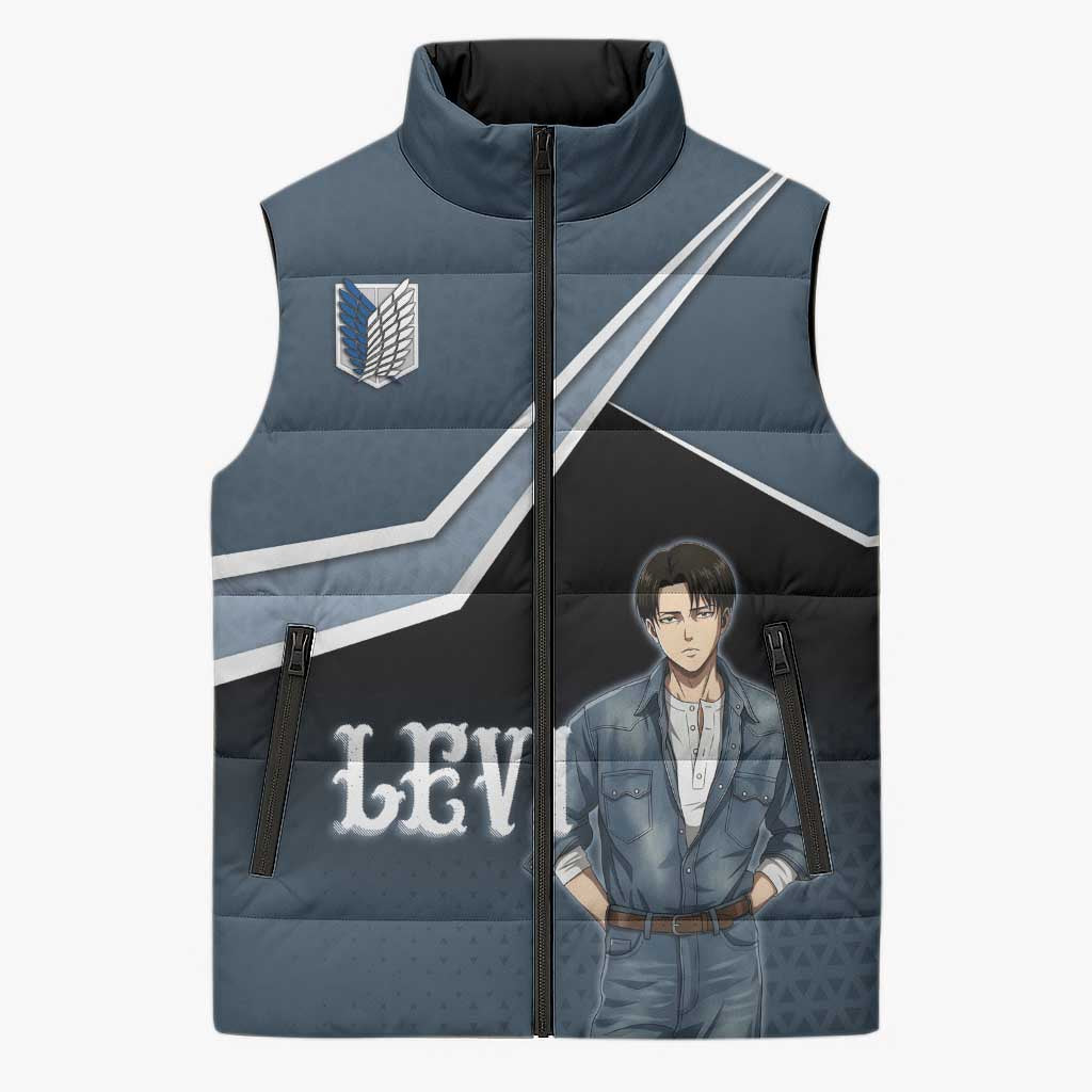 Levi Attack on Titan Sleeveless Puffer Jacket Anime Denim Illustration
